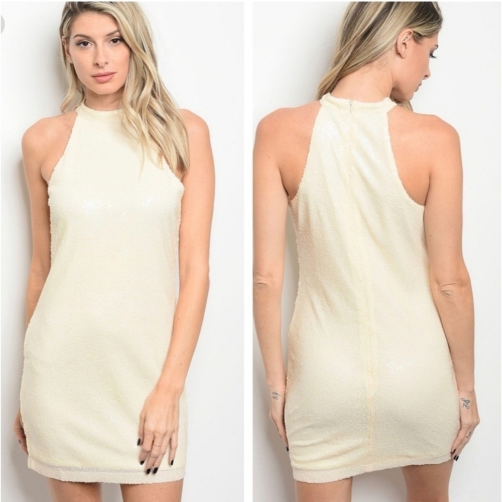 ALYTHEA Cream Sparkling Sequin Bodycon Mini Dress Sz M